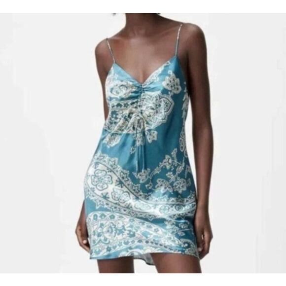 Zara Dresses & Skirts - Zara women's teal green satin floral paisley print Ruched mini dress medium.
